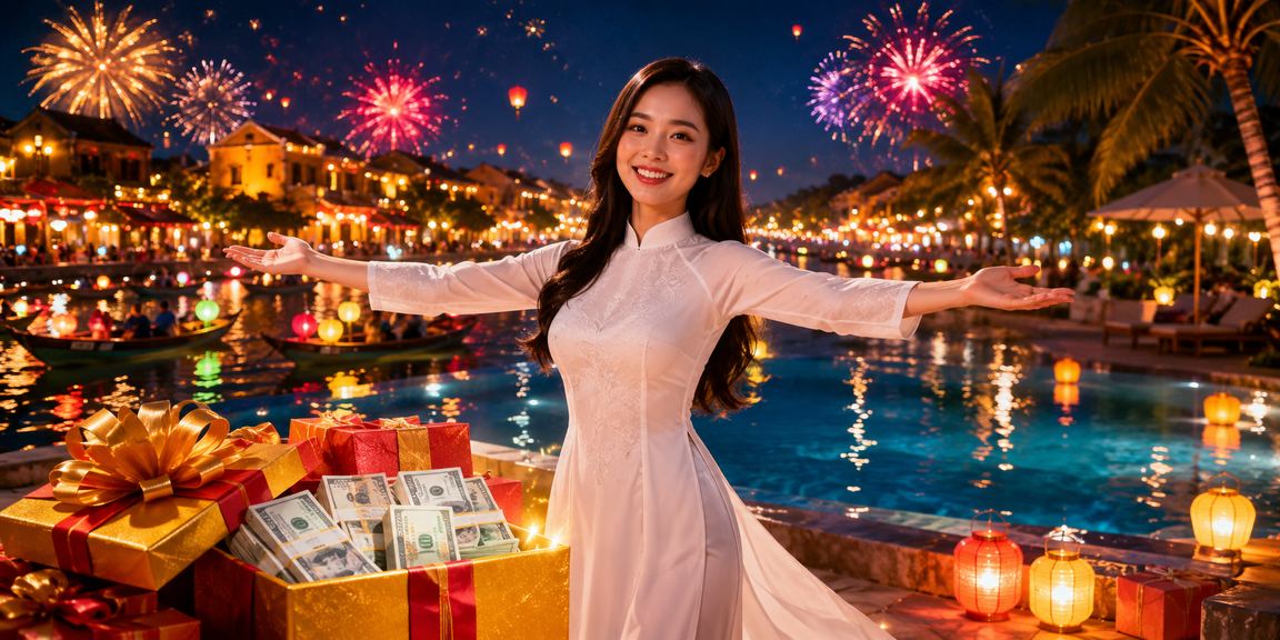 Cô gái mặc áo dài tại Hội An tham gia game bài trực tuyến buổi tối