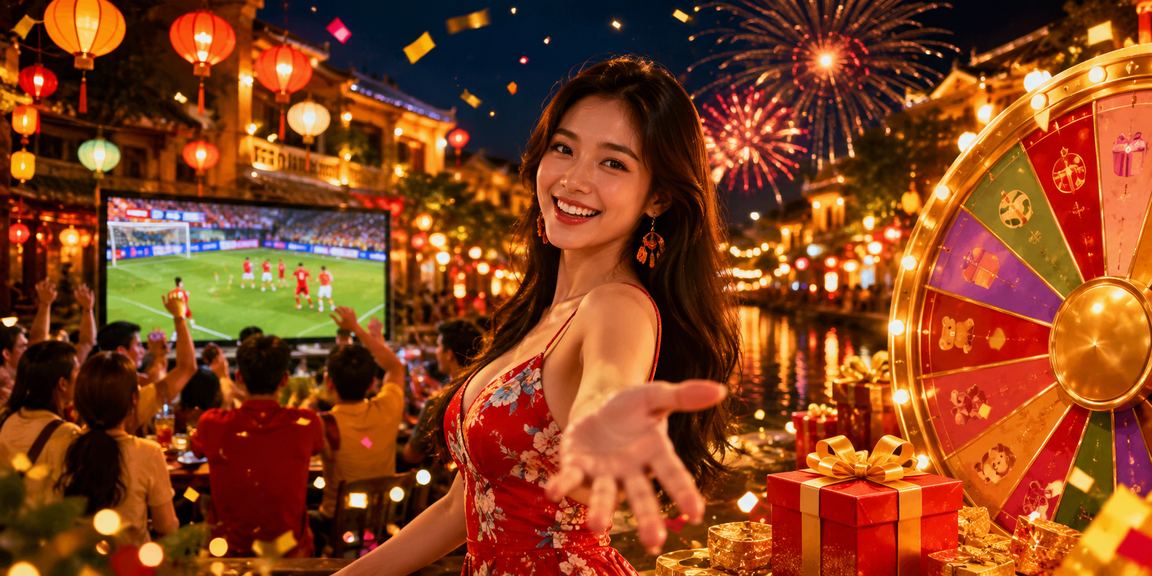 Chợ đêm Hội An với màn hình quay số may mắn và không khí sự kiện thể thao