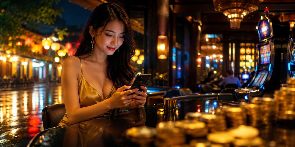 Người dùng tại Hội An đăng nhập tài khoản casino và uống cà phê trong không gian thư giãn